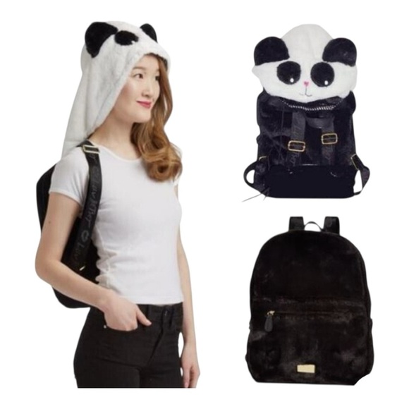 Betsey Johnson Plush Hooded Black Faux Fur Panda Hoodie Convertible Backpack - Picture 1 of 14